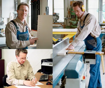 Werkstattbilder: Schreiner an der Maschine und beim Planen am Schreibtisch